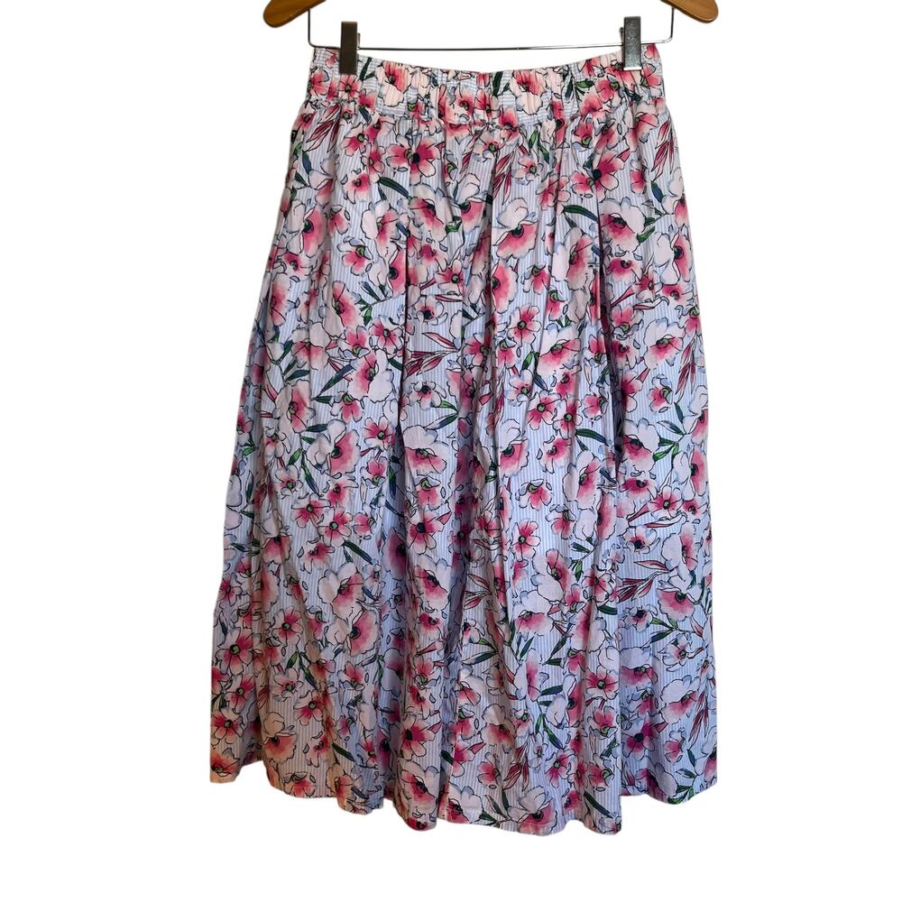 Tommy Hilfiger Floral Pinstripe Pleated Midi Skirt A-Line Poplin Cotton Size S